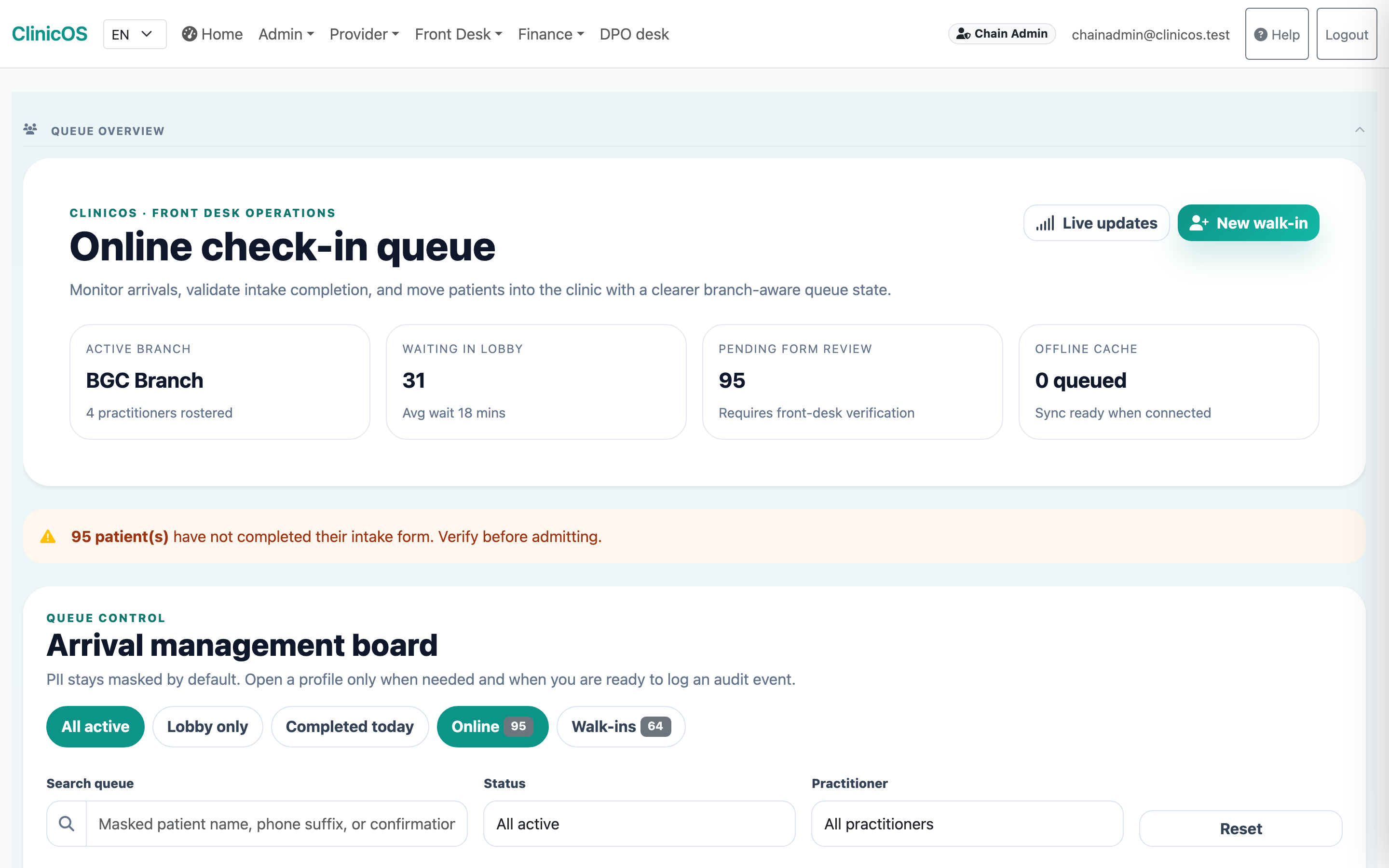 ClinicOS front-desk online check-in queue