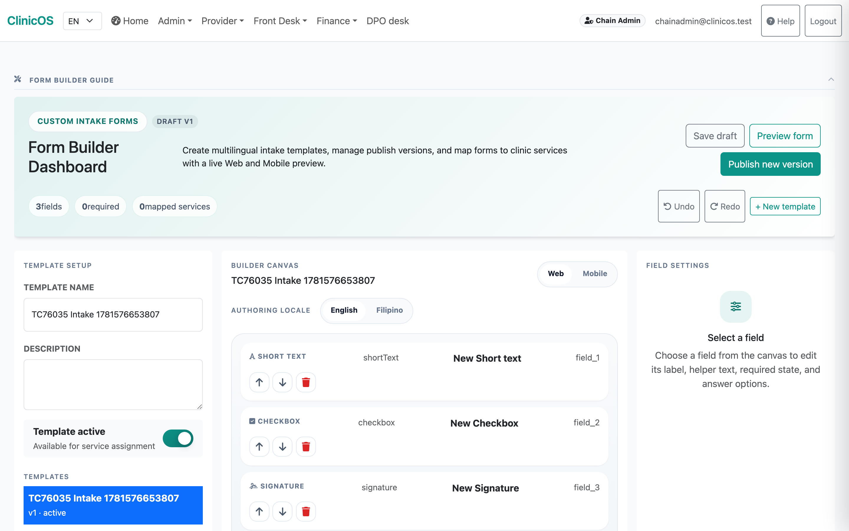 ClinicOS no-code intake form builder