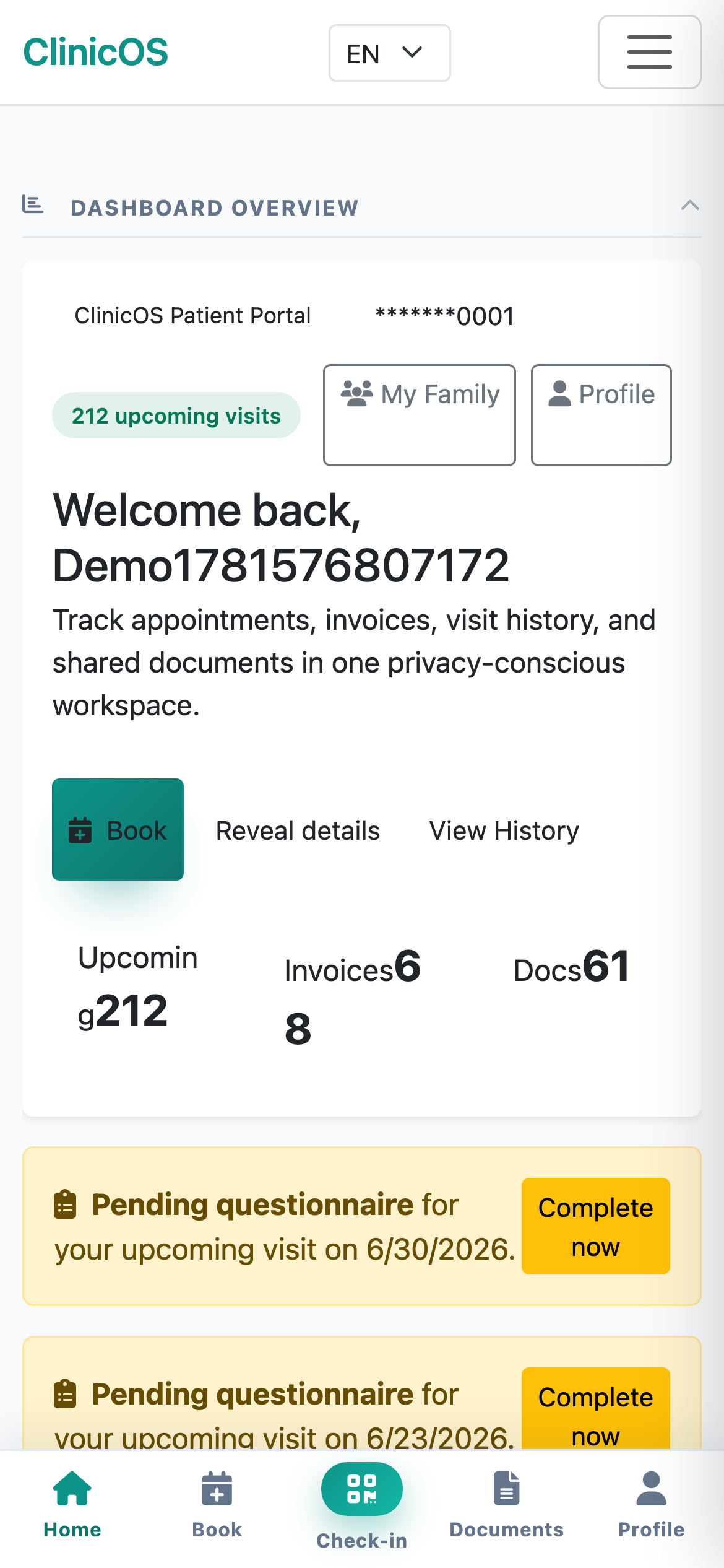 ClinicOS patient mobile PWA dashboard